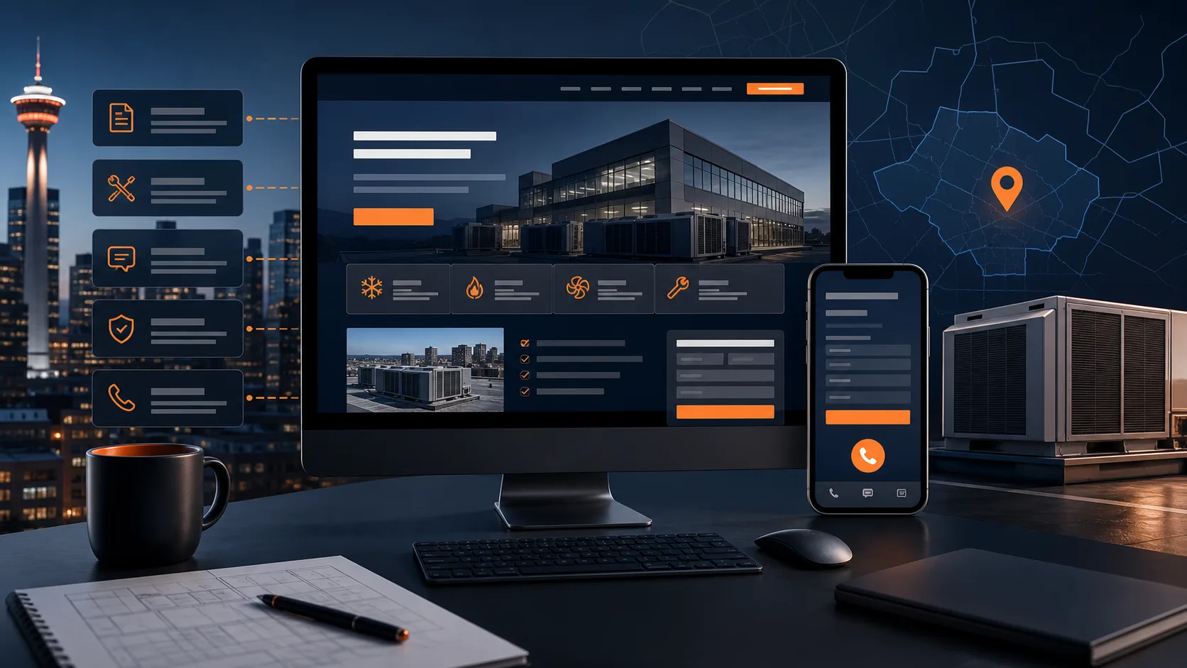 Commercial HVAC company website strategy showing service pages, mobile quote request flow, Calgary map cues, and rooftop HVAC equipment